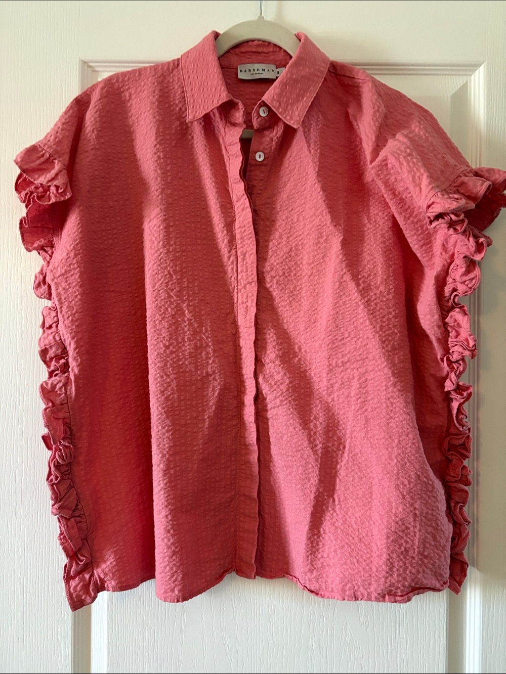 Harshman Textured Pink Ruffle-Trim Button Down Shirt